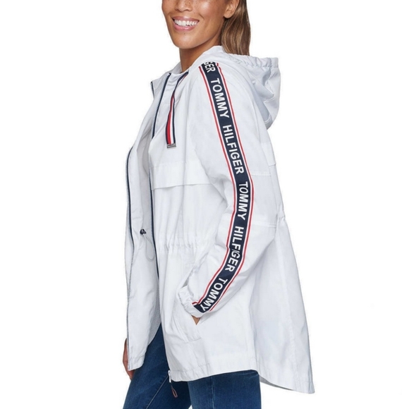 Tommy Hilfiger Jackets & Blazers - Tommy Hilfiger Logo White Windbreaker Hooded Rain Coat Jacket Large